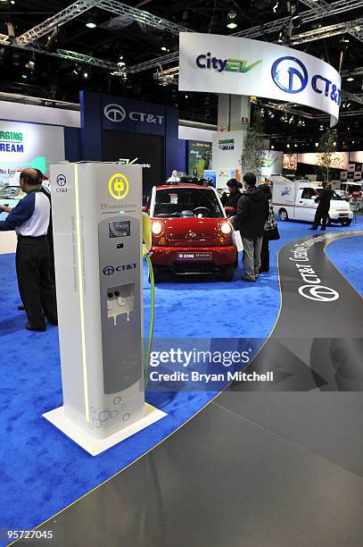 Electric vehicle charging station is displayed during the press preview for the world automotive media North American International Auto Show at the...