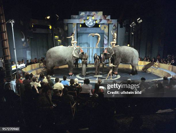 Unterhaltugskünstler bei einer Dresssur und Akkrobatik im Rahmen der DDR-Unterhaltungsshow "Nacht der Prominenten", bei der Künstler von Theater,...