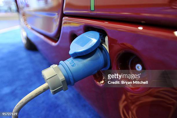 The charging port of a CT&T e-Zone Hatch electric vehicle displayed during the press preview for the world automotive media North American...
