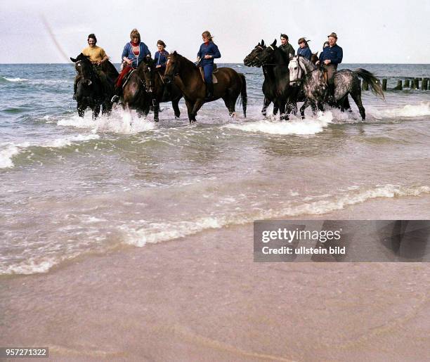 Eine der beliebtesten Freizeitbeschäftigungen ist für die Mädchen und Jungen aus Zingst das Reiten am Ostseestrand, aufgenommen 1975. Die Pferde...