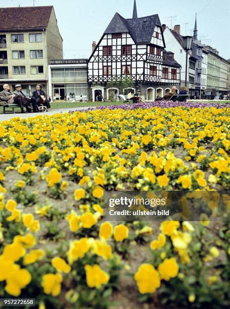 Hinter einem Blumenbeet neben einem historischen Fachwerkhaus der kleine schmucklose Neubau der "Weimar-Information" in Weimar, aufgenommen 1975.