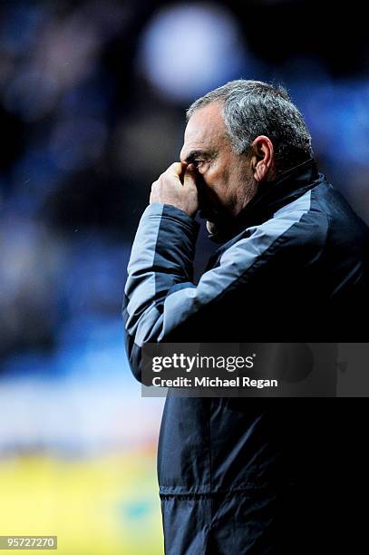 Avram Grant the Portsmouth manager looks on during the FA Cup sponsored by E.ON 3rd round replay match between Coventry City and Portsmouth at the...