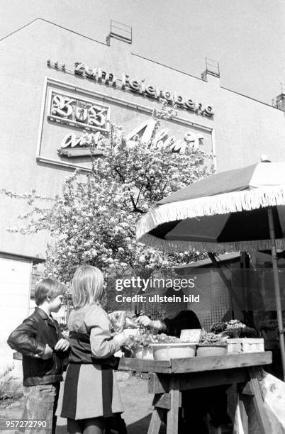 Kinder kaufen 1978 im Berliner Stadtbezirk Weißensee an einem Verkaufsstand Gemüse. An der Hauswand im Hintergrund eine Werbung für die "BZ am Abend"...