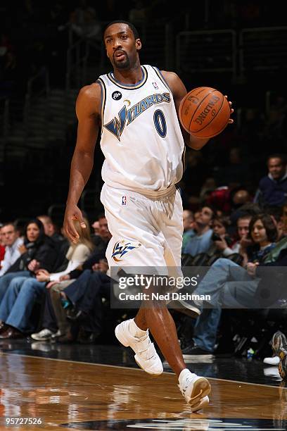 Gilbert Arenas of the Washington Wizards brings the ball upcourt against the San Antonio Spurs during the game on January 2, 2010 at the Verizon...