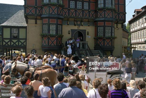 Eine Hochzeitsgesellschaft wartet vor dem Rathaus von Wernigerode am Marktplatz auf das Brautpaar, aufgenommen 1987. Auch die Hochzeitskutsche steht...