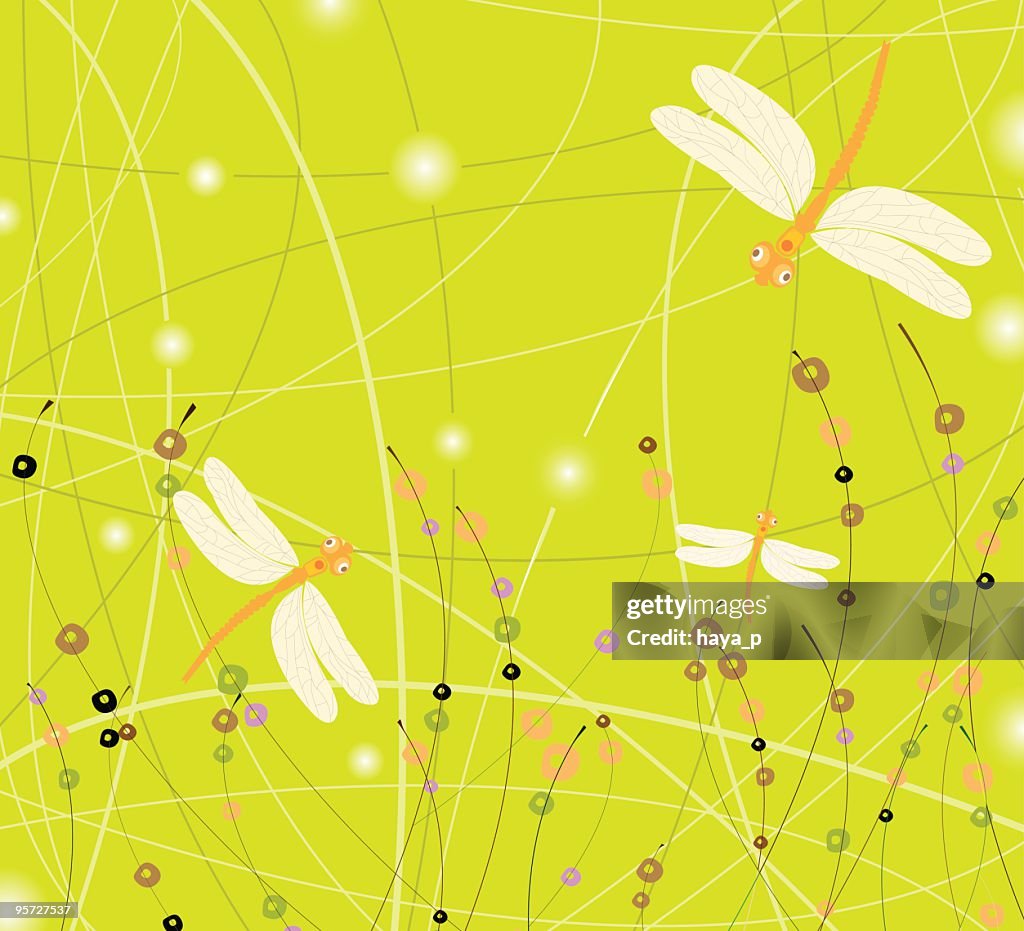 Background With Dragonflies, Stylized Plants and Sunbeams