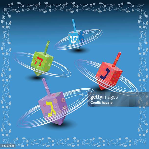illustrazioni stock, clip art, cartoni animati e icone di tendenza di hanukkah illustrazione con filatura dreidels colorato - trottola