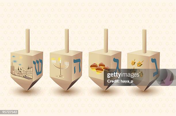 ilustraciones, imágenes clip art, dibujos animados e iconos de stock de janucá dreidels cuatro - dreidel