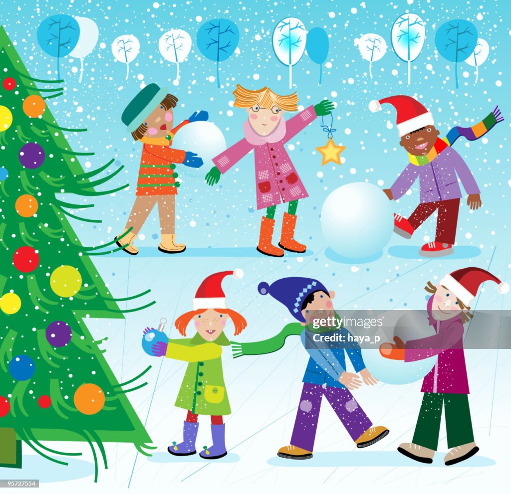 As crianças da escola primária brincando no parque de inverno