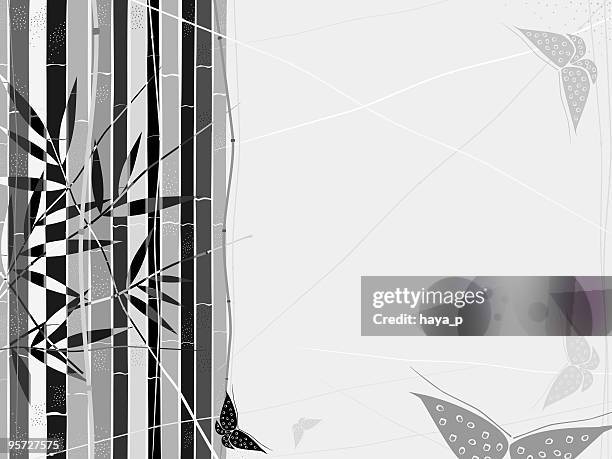bamboo with butterflies, oriental style, black and white - black bamboo stock illustrations
