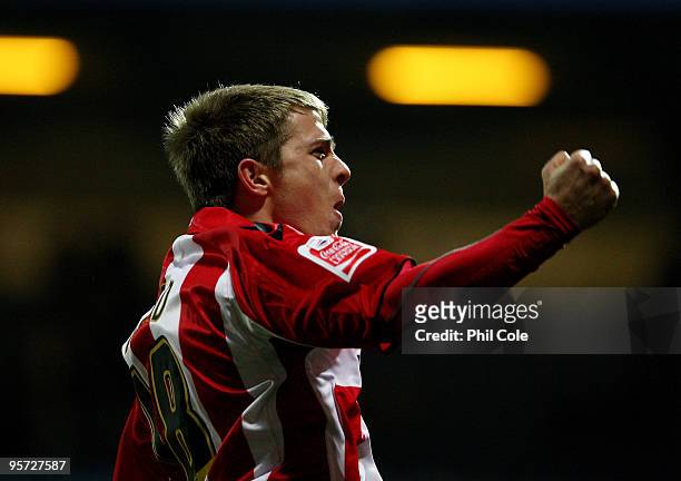 Jamie Ward of Sheffield United celebrates scoring during the FA Cup third round replay match between Queens Park Rangers and Sheffield United at...