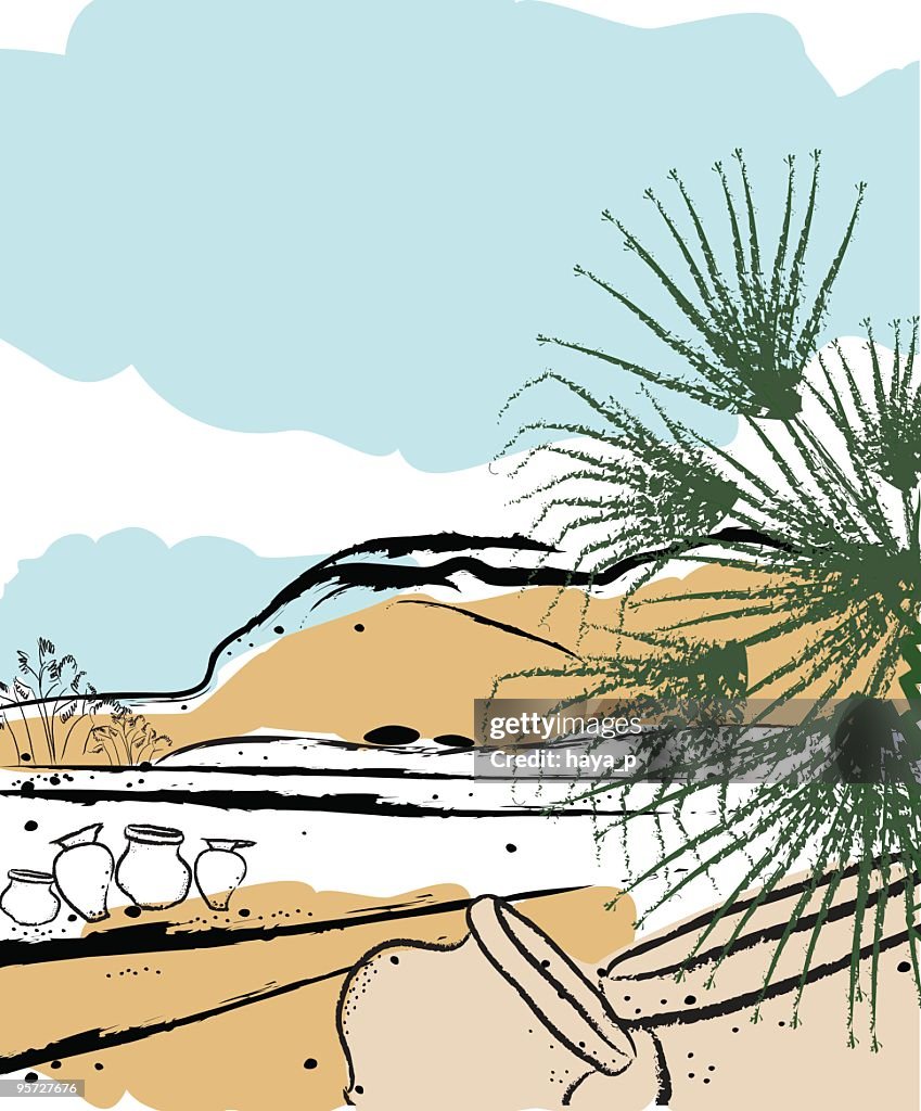 Abstract Landscape of Desert With Hemp Palm and Pots
