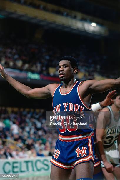 Bernard King of the New York Knicks defends against the Boston Celtics during a game played in 1984 at the Boston Garden in Boston, Massachusetts....