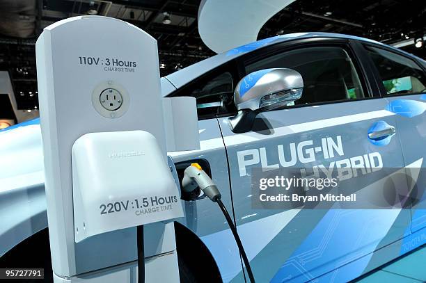 The Toyota Prius Plug-In Hybrid is displayed during the press preview for the world automotive media North American International Auto Show at the...