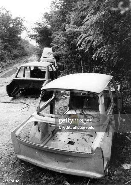 Aufgebrochene und geplünderte Pkw aus der DDR in einem Wald an der Grünen Grenze Ungarns zu Österreich im Sommer 1989. Tausende Flüchtlinge aus der...