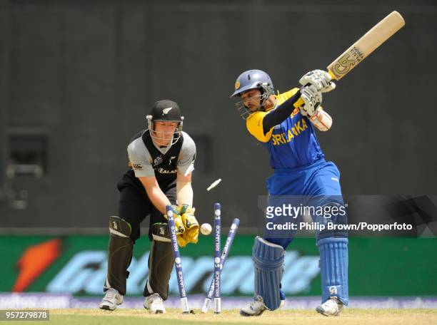 Sri Lanka's Tillakaratne Dilshan is bowled for 3 runs by New Zealand's Jacob Oram during the ICC World Twenty20 group match between New Zealand and...