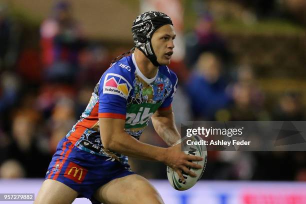 Kalyn Ponga of the Knights in action during the round 10 NRL match between the Newcastle Knights and the Penrith Panthers at McDonald Jones Stadium...