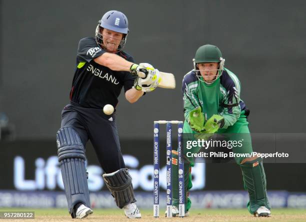 Eoin Morgan batting for England during his innings of 45 runs in the ICC World Twenty20 group match between England and Ireland at Guyana National...