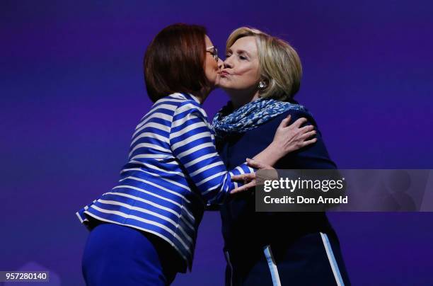 Julia Gillard greets Hillary Clinton during An Evening With Hillary Rodham Clinton at ICC Sydney on May 11, 2018 in Sydney, Australia. The former US...