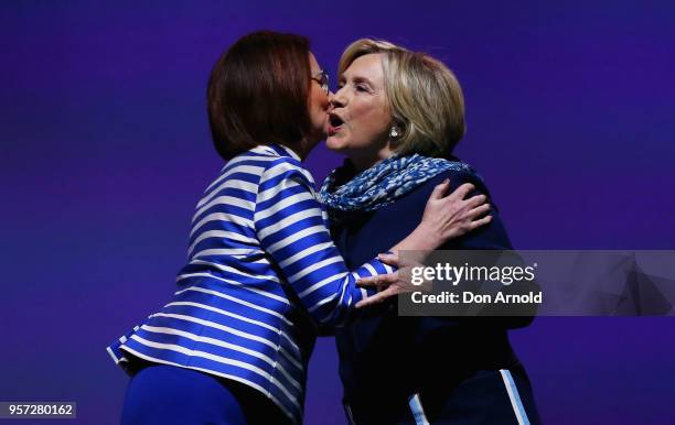 Julia Gillard greets Hillary Clinton during An Evening With Hillary Rodham Clinton at ICC Sydney on May 11, 2018 in Sydney, Australia. The former US...