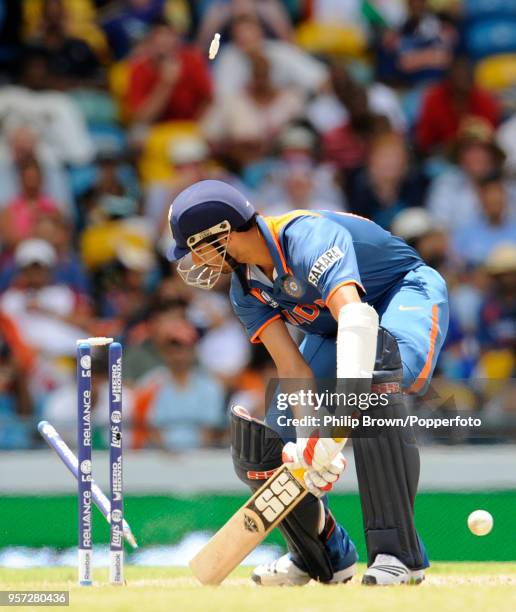 Ashish Nehra of india is bowled first ball during the ICC World Twenty20 Super Eight match between Australia and India at Kensington Oval,...