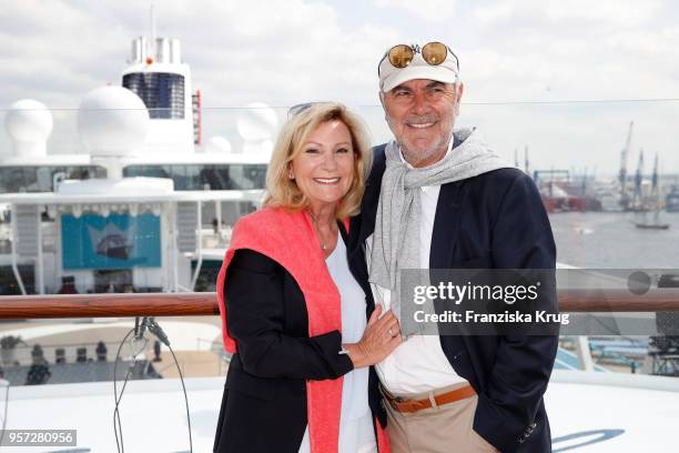 Sabine Christiansen and her husband Norbert Medus are seen on board during the naming ceremony of the cruise ship 'Mein Schiff 1' on May 11, 2018 in...