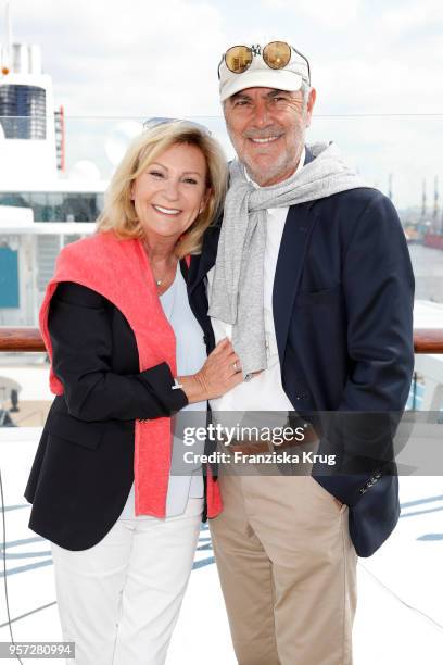 Sabine Christiansen and her husband Norbert Medus are seen on board during the naming ceremony of the cruise ship 'Mein Schiff 1' on May 11, 2018 in...
