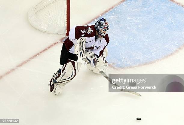 Peter Budaj of the Colorado Avalanche plays the puck outside the crease during a NHL game against the Carolina Hurricanes on January 8, 2010 at RBC...