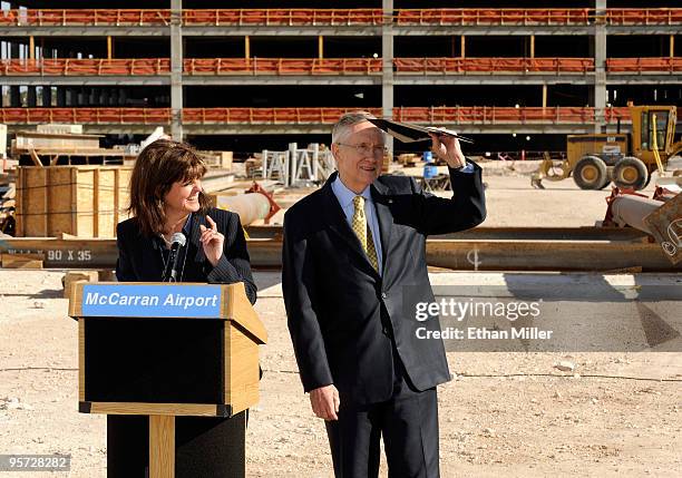 McCarran International Airport Deputy Director of Aviation Rosemary Vassiliadis and U.S. Senate Majority Leader Sen. Harry Reid appear at a news...