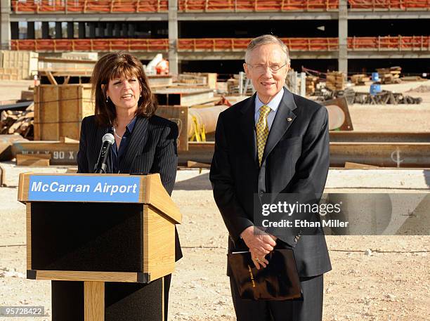 McCarran International Airport Deputy Director of Aviation Rosemary Vassiliadis and U.S. Senate Majority Leader Sen. Harry Reid appear at a news...