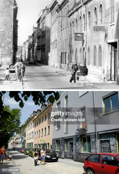 Die zweiteilige Kombo zeigt verfallene Häuser in der Böhmischen Straße in der Dresdner Neustadt Ende der 1980er Jahre und am . Ein Standort - zwei...