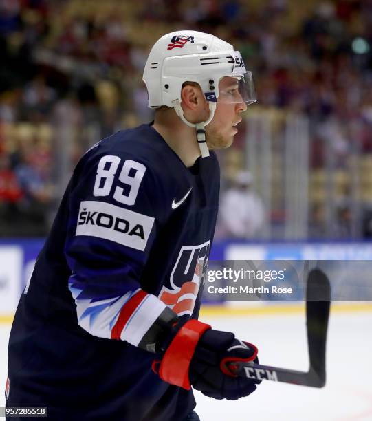 Cam Atkinson of United States skates against Latvia during the 2018 IIHF Ice Hockey World Championship Group B game between United States and Latvia...