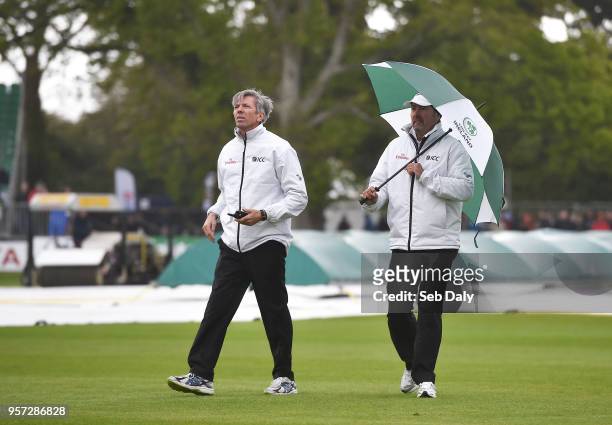 Dublin , Ireland - 11 May 2018; Umpire Nigel Llong, left, and Richard Illingworth during a pitch inspection on day one of the International Cricket...