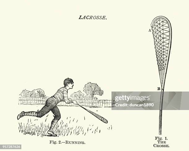 victorian sports, lacrosse, running - crosier stock illustrations