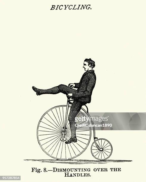 viktorianische sport, radfahren, penny farthing fahrrad fahren zu lernen - gravieren stock-grafiken, -clipart, -cartoons und -symbole