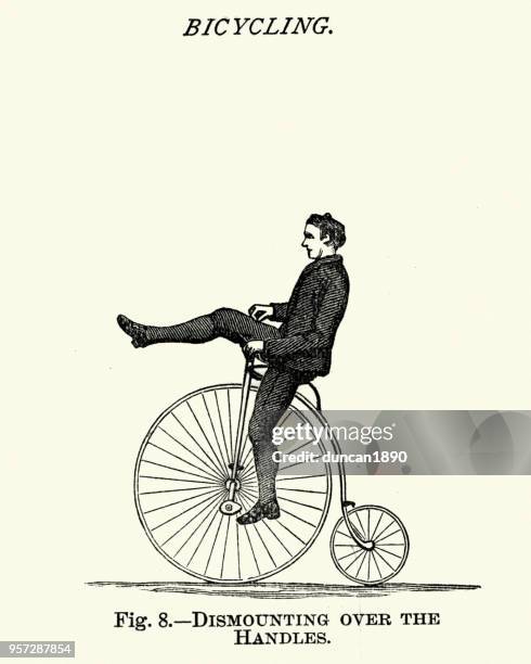 stockillustraties, clipart, cartoons en iconen met victoriaanse sport, fietsen, leren om penny farthing fietstocht - young people europe