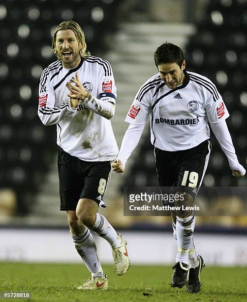 Robbie Savage of Derby celebrates, after his team win on penalties during the FA Cup 3rd Round Replay match between Derby County and Millwall at...