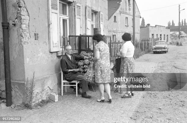 Die letzten Kundinnen kaufen im Juli 1978 bei Hans Hofmann, der in seinem Laden in Magdeborn seit 1958 Obst und Gemüse verkauft hat, undatiertes Foto...