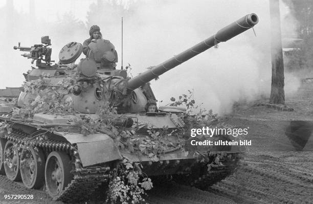 Die NVA-Soldaten der 9. Panzerdivision "Heinz Hoffmann" fahren während einer Manöverübung mit einem durch Blattwerk getarnten Panzer über das Gelände...