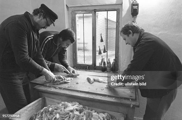 Schlachtfest Ende November 1986 in Oberhütte bei Eisleben im Mansfelder Land: Hier verarbeiten drei Männer das Fleisch des geschlachteten Tieres. Auf...