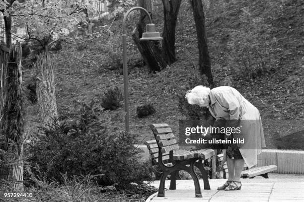 Eine Frau wischt mit einem Tuch eine Sitzbank in einer Grünanlage im neuen Wohngebiet Ernst-Thälmann-Park in Berlin ab, aufgenommen 1987. Das...