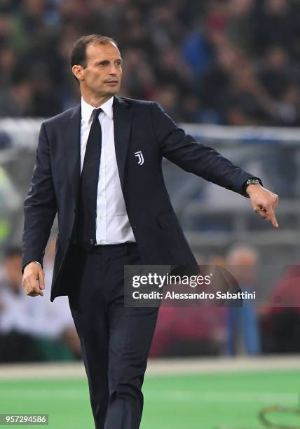 Massimiliano Allegri head coach of Juventus gestures during the TIM Cup Final between Juventus and AC Milan at Stadio Olimpico on May 9, 2018 in...