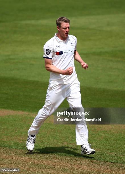 Steve Patterson of Yorkshire celebrates dismissing Ben Foakes of Surrey during day one of the Specsavers County Championship Division One match...