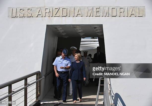 Secretary of State Hillary Clinton visits the USS Arizona Memorial at Pearl Harbor in Honolulu January 12, 2010. The memorial marks the resting place...