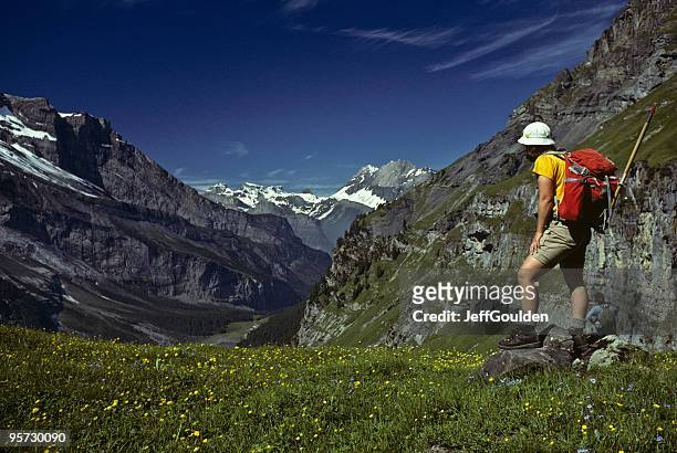 young woman hiking in the swiss alps - jeff goulden stock pictures, royalty-free photos & images