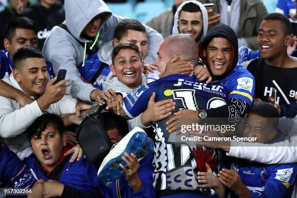 David Klemmer of the Bulldogs celebrates with fans after winning the round 10 NRL match between the Canterbury Bulldogs and the Parramatta Eels at...