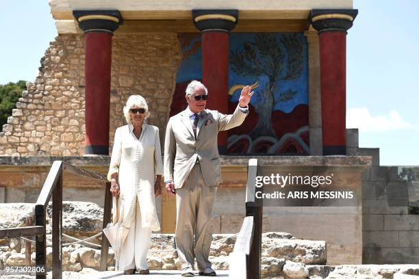 Britain's Prince Charles , the Prince of Wales and Britain's Camilla, the Duchess of Cornwall, arrive at the Archeological site of Knossos, in the...