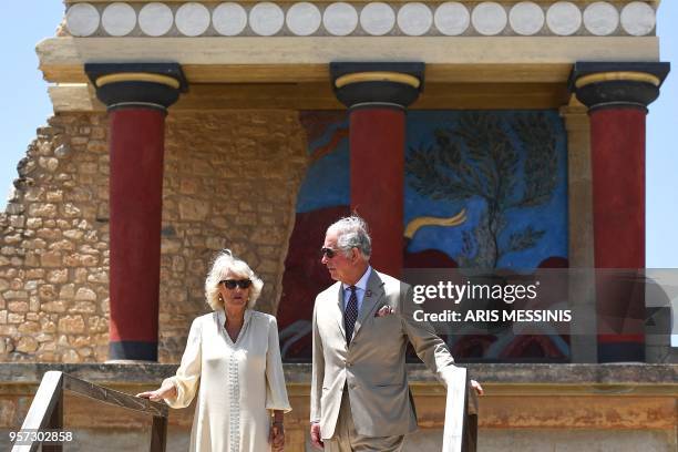 Britain's Prince Charles , the Prince of Wales and Britain's Camilla, the Duchess of Cornwall, arrive at the Archeological site of Knossos, in the...