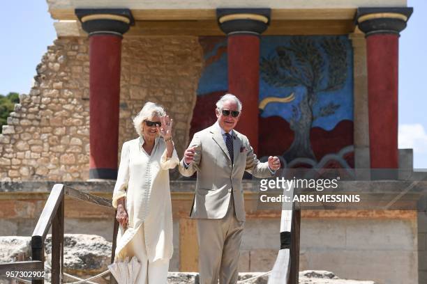 Britain's Prince Charles , the Prince of Wales and Britain's Camilla, the Duchess of Cornwall, arrive at the Archeological site of Knossos, in the...