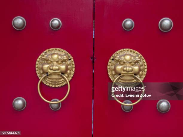 pair of gold colored lion head shaped handles on red doors in china - china red guards stockfoto's en -beelden